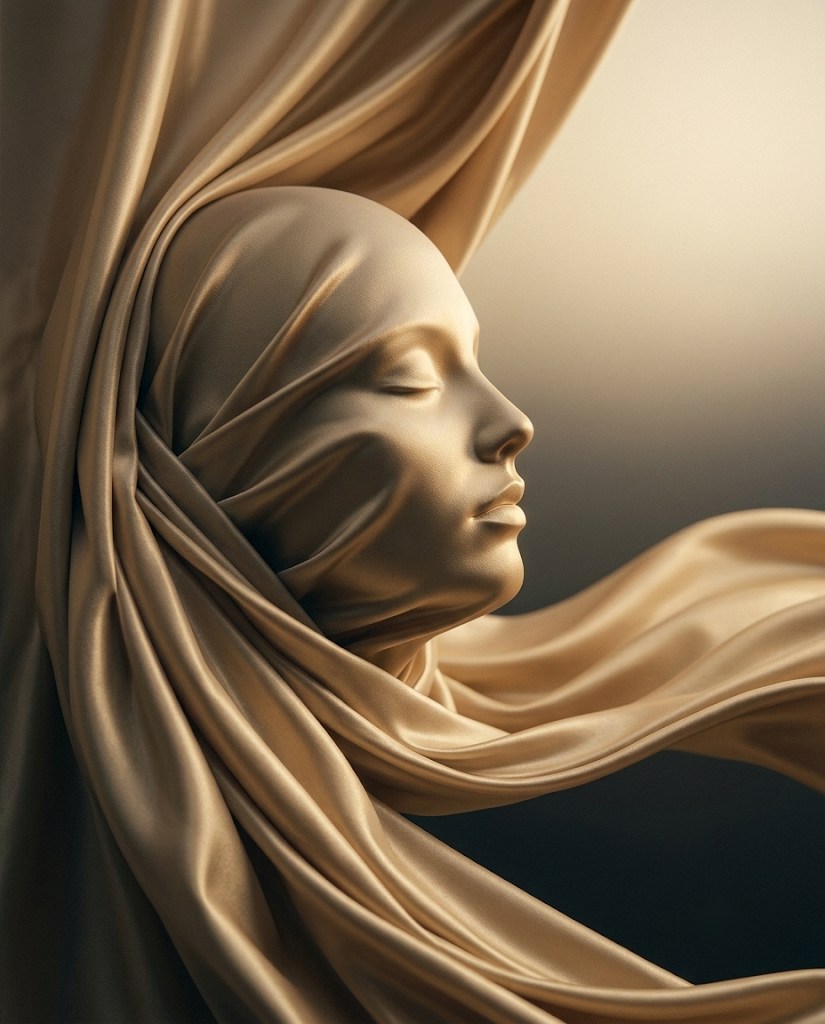 Escultura facial serena envolta em seda dourada — equilíbrio com naturalidade