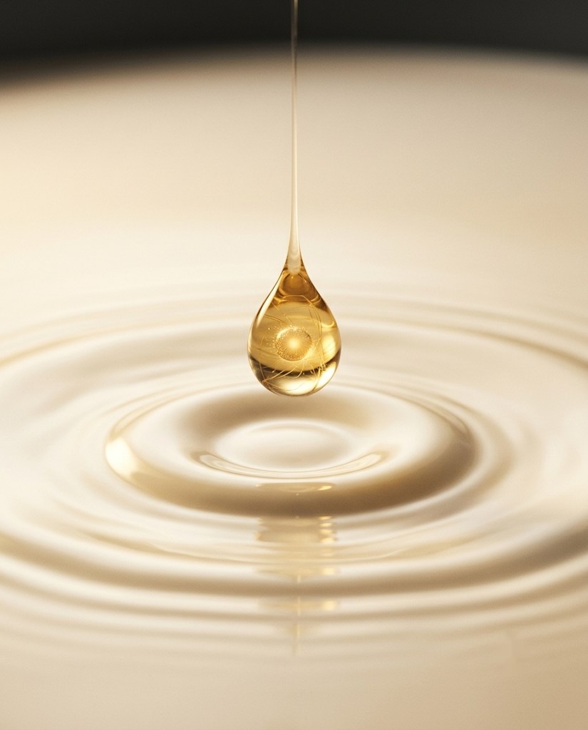 Gota de óleo dourado tocando a superfície cremosa — pureza e cuidado