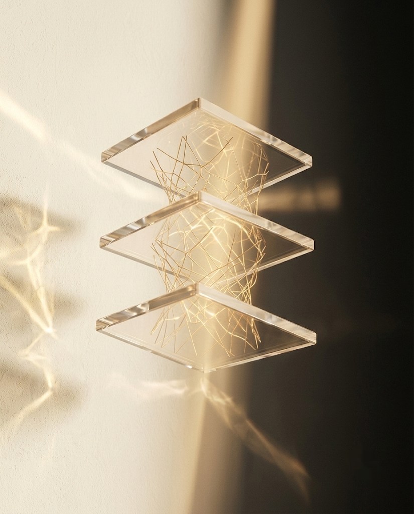 Três camadas de vidro suspensas com fibras douradas atravessadas por luz — as camadas do método